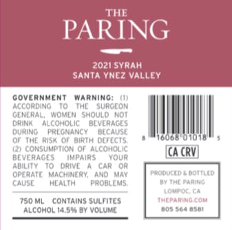 2021 The Paring Syrah Back Label