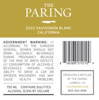 The Paring Sauv Blanc 2022 Back Label